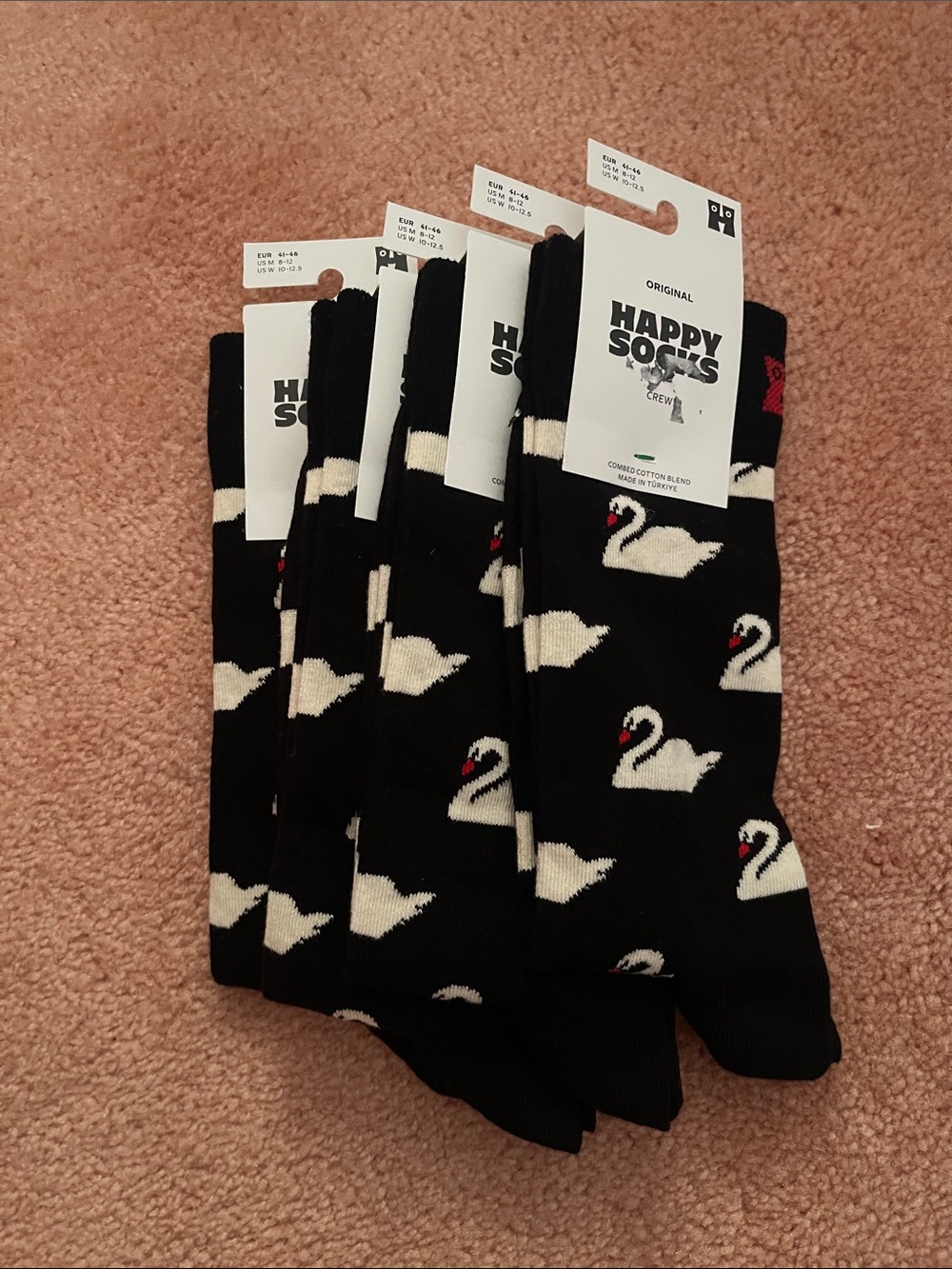 Happy Socks (4) pairs Black Crew Socks with White Swan Motif . NO OFFER PLEASE